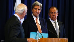 US Secretary of State John Kerry and Russian Foreign Minister Sergei Lavrov (R) look toward UN Special Envoy Staffan de Mistura (L) during a press conference following their meeting in Geneva where they discussed the crisis in Syria on September 9, 2016. The United State and Russia agreed a plan to impose a ceasefire in the Syrian civil war and lay the foundation of a peace process, US Secretary of State John Kerry said.  / AFP / POOL / KEVIN LAMARQUE        (Photo credit should read KEVIN LAMARQUE/AFP/Getty Images)